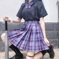 thumbnail image 2 of CZJMS Falda plisada japonesa para mujer, cintura alta, moda JK, minifalda a cuadros, elegante lazo, línea A, baile de verano, para niñas, Cosplay, 2 of 5