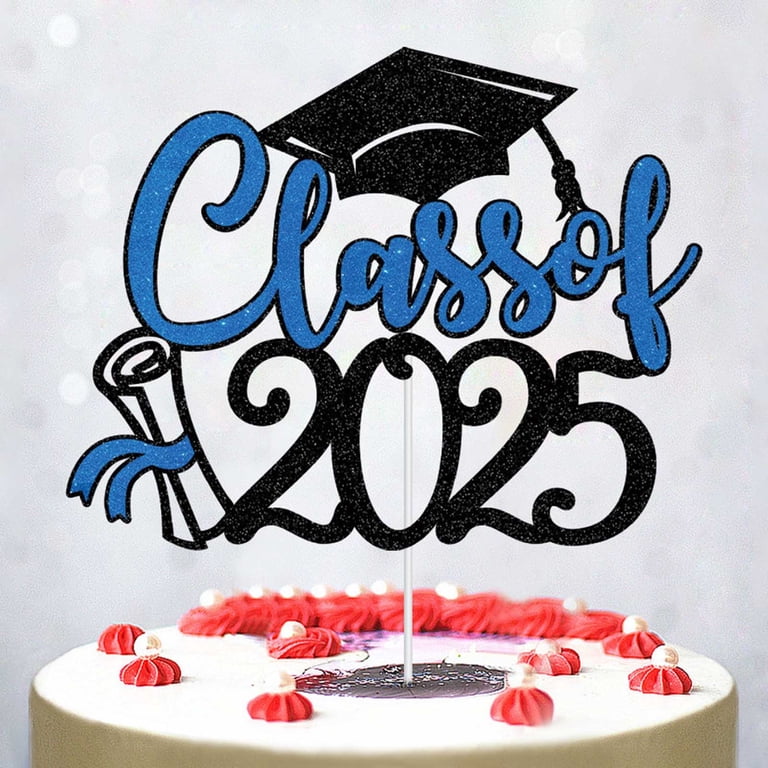 Class Of 2025 Cake Topper - Blue Gold Glitter, Congratulations Grad Decor, 7" X 4.5"