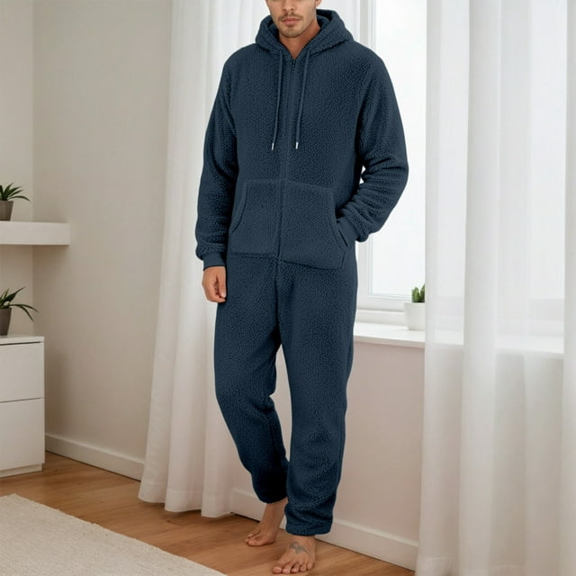 Timegard Mens Rompers Plus Size Winter Drawstring Hoodies Homewear Zip up Warm Comfy Jumpsuit with Pockets