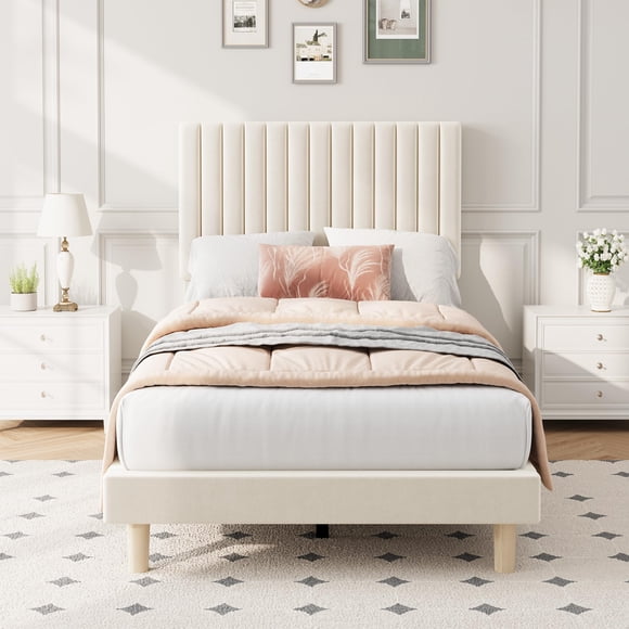 Twin Size Bed Frame, Upholstered Platform Bed Frame with Vertical Channel Tufted Adjustable Headboard, Strong Wooden Slats Support