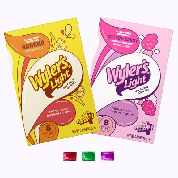 Wyler’s Light Sugar Free Banana and Cotton Candy Watertok Drink Mix, Low Calorie Summer Beverage, 16 Total Servings Sticks 2 Boxes with Snoep in Beperkte Oplage