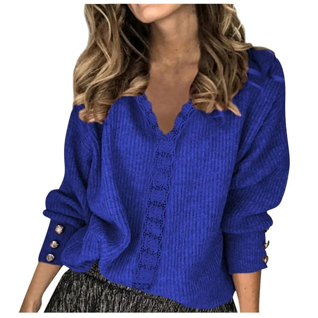 WUANDIXFA Womens Sweaters Fall Women Solid Color V Neck Lace Stitching Buttons Long Sleeves Sweater Blue,2XL