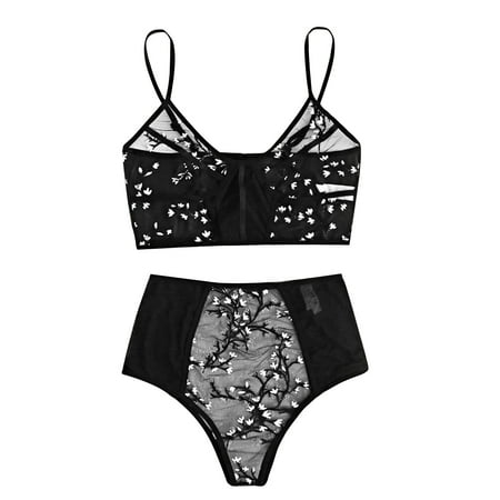 

DNDKILG Women s Sexy Lingerie High Waisted Bra and Panty Sets Embroidery Mesh Babydoll Bodysuit Low Rise Black L
