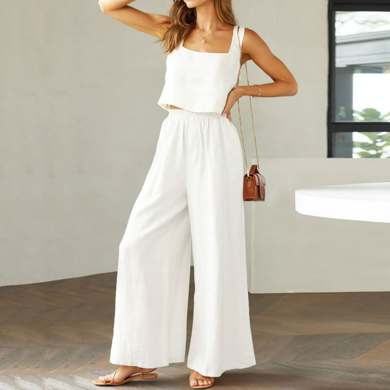 Sleeveless Square Neckline Casual Polyester Two Piece Set Of Tops And Pants Women s 2 Outfits Neck Linen Tank Crop Top Wide Leg Pants Matching Tracksuit Walmart