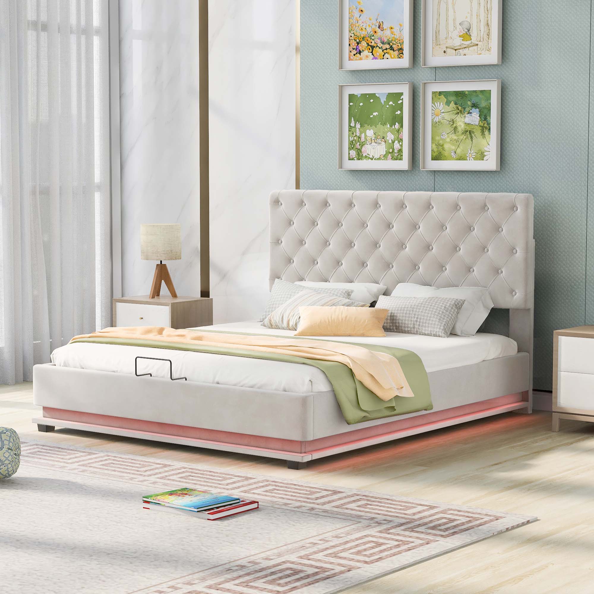 Aukfa Queen Upholstered Platform Bed with LED Light, Lift Up Storage Bed with Hydraulic Storage System - Beige