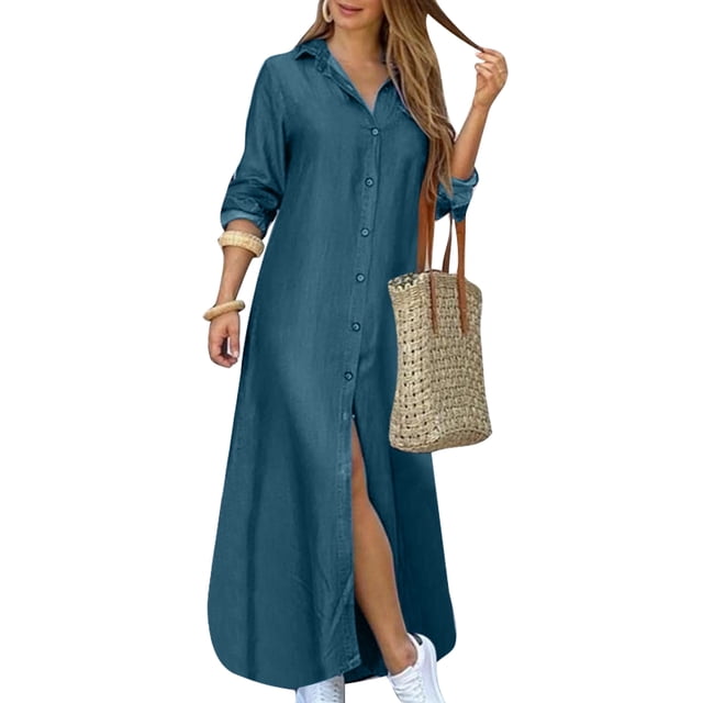 MAWCLOS Robes Maxi pour Femmes Robe Chemise à Imprimé Floral Kaftan à Revers Manches Longues 8997 Bleu Clair TG