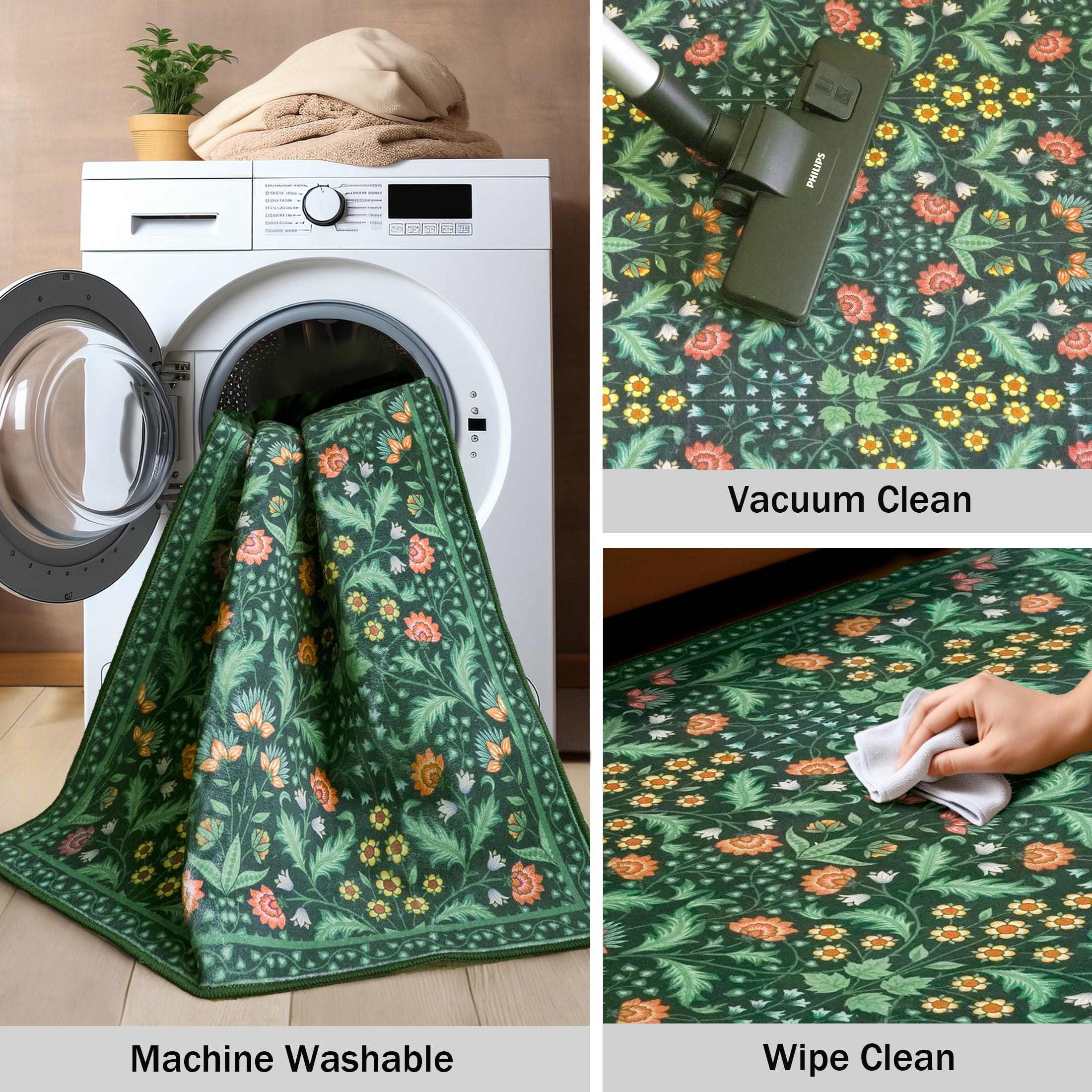 ARJINCUTE Spring Blooms Vintage Green Area Rugs 5' x 7', Soft Touch, Non Slip, Low Pile, Machine Washable, Foldable