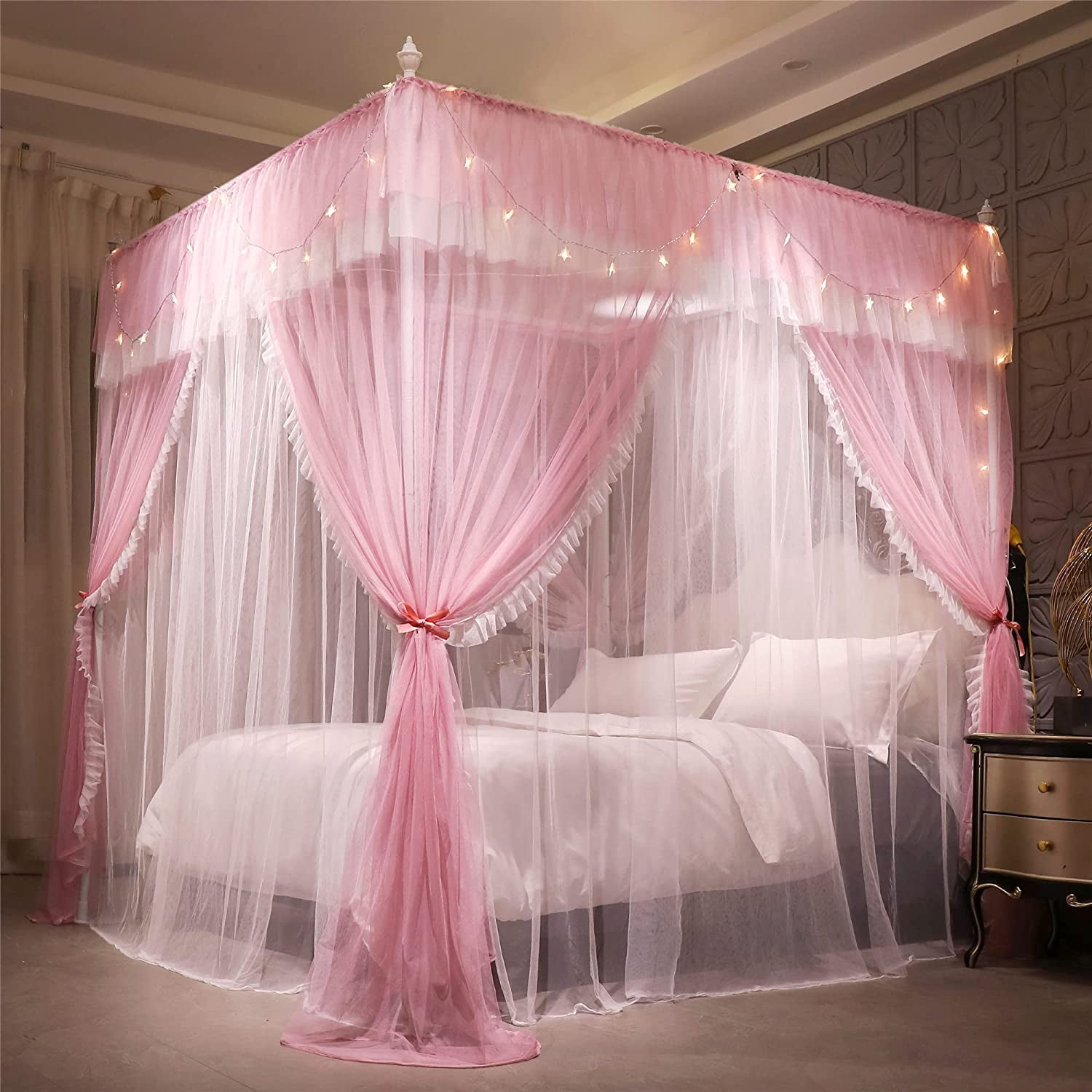 4 Corners Post Ruffle Princess Bed Canopy Curtain-Double Layer Cozy Drape Netting 4 Opening Mosquito Net for Girls Adults Bedroom Decoration (Pink/Whtie,78" W*86" L*82"*H/King)