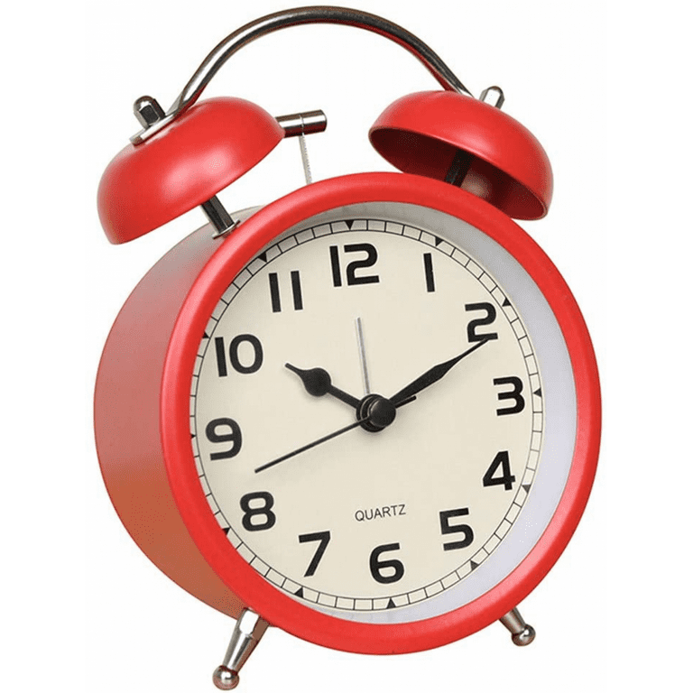 Analog Alarm Clock 4 inch Twin Bell Vintage Red Silent Non-Ticking Quartz Battery Operated Extra Loud with Backlight for Bedside Table Desk, Retro