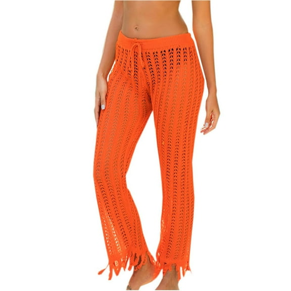 CENGNIAN Women's Fashion Casual Beach Hollow Drawstring Elastic Hole Beach Trousers Cropped Pant Swimsuit Cover Up Orange,Size S