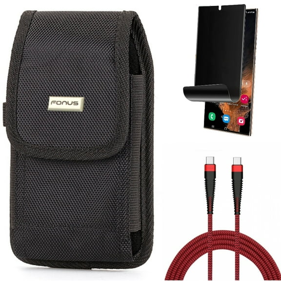 Case Belt Clip & 10ft PD Cable & Privacy Screen Protector for Samsung Galaxy S22 Ultra (6.8") - Combo Rugged Holster Canvas & Type-C to USB-C Charger Cord Power & TPU Film (Fingerprint) Anti-Peep