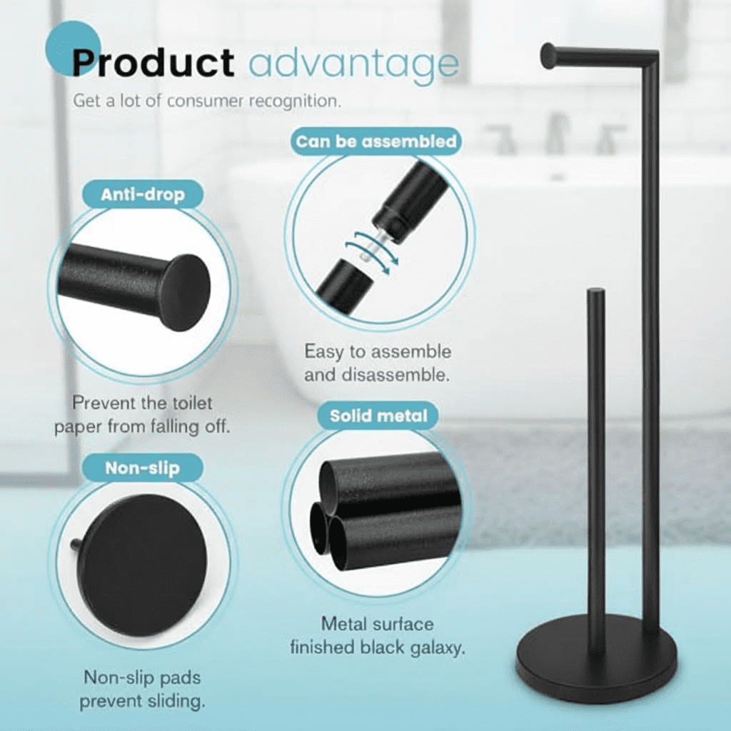 Freestanding Toilet Paper Holder Stand with Storage for 4 Rolls, Rust-Resistant Bathroom Organizer, Modern Black Finish