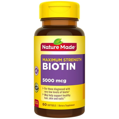 Nature Made Maximum Strength Biotin 5000 mcg Softgels, 60 Count for supporting Healthy Hair, Skin and
