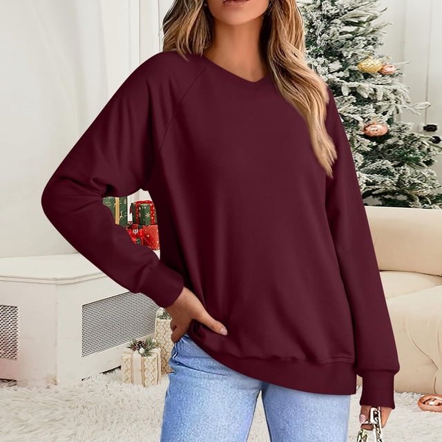 Meichang Chemise à Manches Longues pour Femmes Col en V Raglan Chandail Basique Ample Mode Printemps 2025