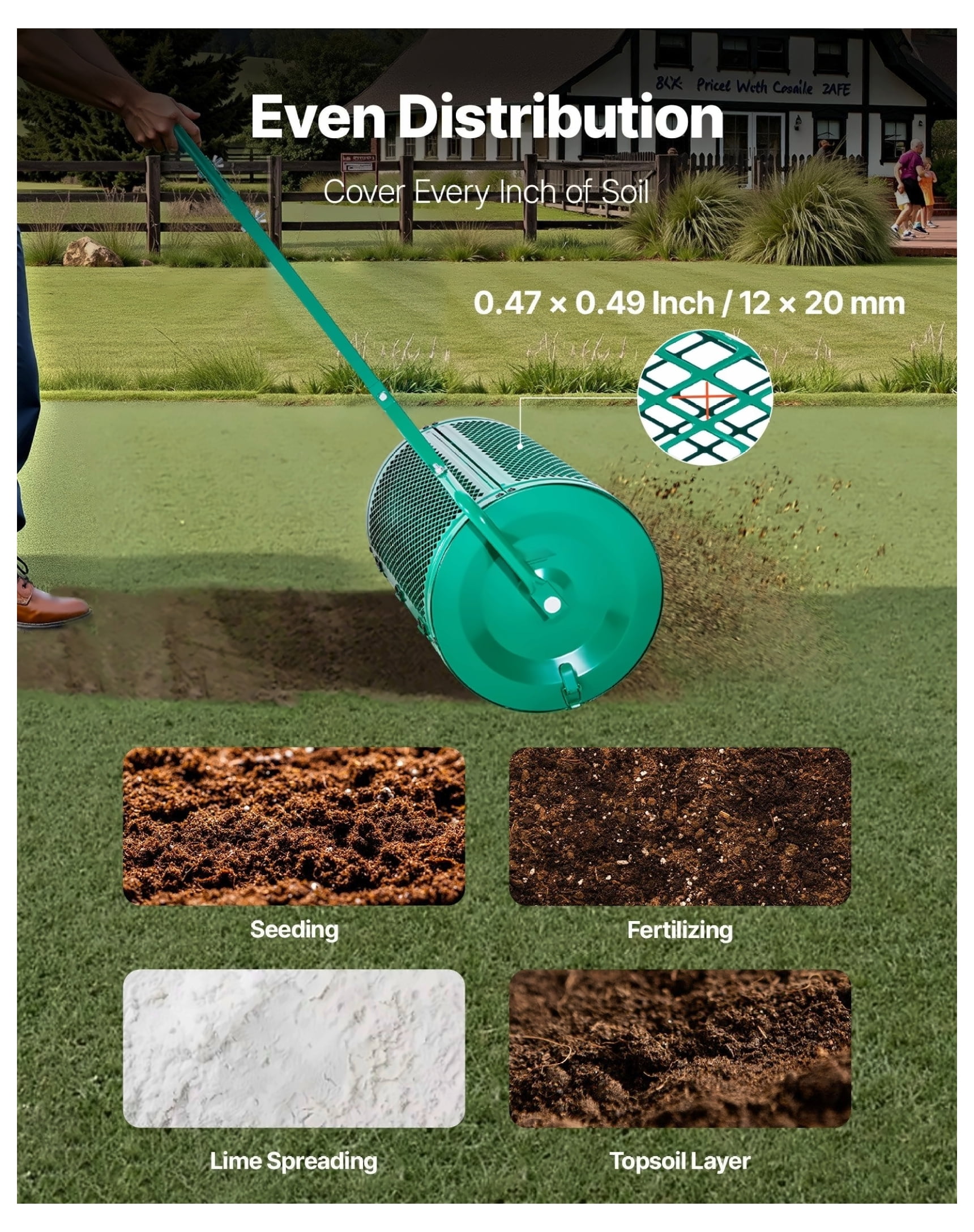 Compost Spreader 24 inch, Peat Moss Spreader with Tow Handle, Adjustable Height, Heavy Duty Steel Garden Seed Spreader for Lawn, Farm, and Garden