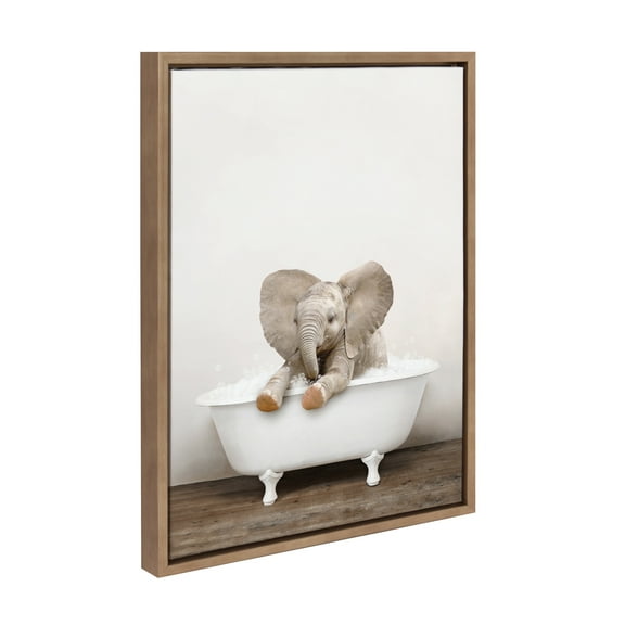 Kate and Laurel Sylvie Baby Elephant No 6 in Rustic Bath Framed Canvas Wall Art by Amy Peterson Art Studio, 18x24 Gold, Modern Fun Decorative Bathtub Wall Art for Home Décor