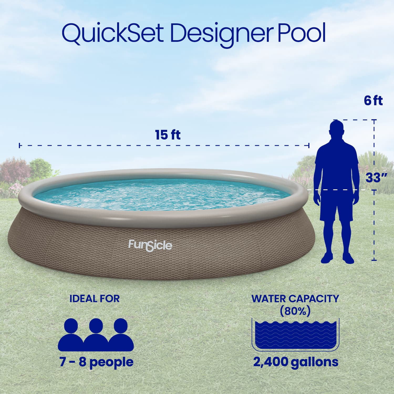 Funsicle QuickSet Designer Above Ground Swimming Pool Set – with RX600 Filter Pump, 15' x 33", Inflatable Top Ring, Round, Triple Basketweave