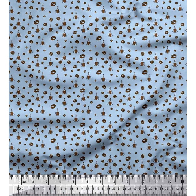 Soimoi Moss Georgette Fabric Coffee Beans & Coffee Beverages Print Fabric by The Yard 42 Inch Wide