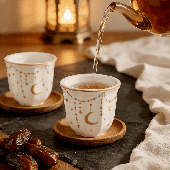 2 Pcs Ceramic Coffee Cups Set, White "Star River" Golden Decal Design, 6.1 fl oz / 180 ml , 8.5 fl oz / 250 ml Elegant Porcelain Tea Cups, Cappuccino Latte Mug for Home Office, Wedding Gift Cup