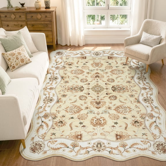 Moynesa 5'x7' Vintage Floral Area Rugs for Living Room, Scalloped Non Slip Washable Rug for Bedroom, Distressed Farmhouse Accent Carpet for Dining Room Sunroom Nursery, Cream Beige