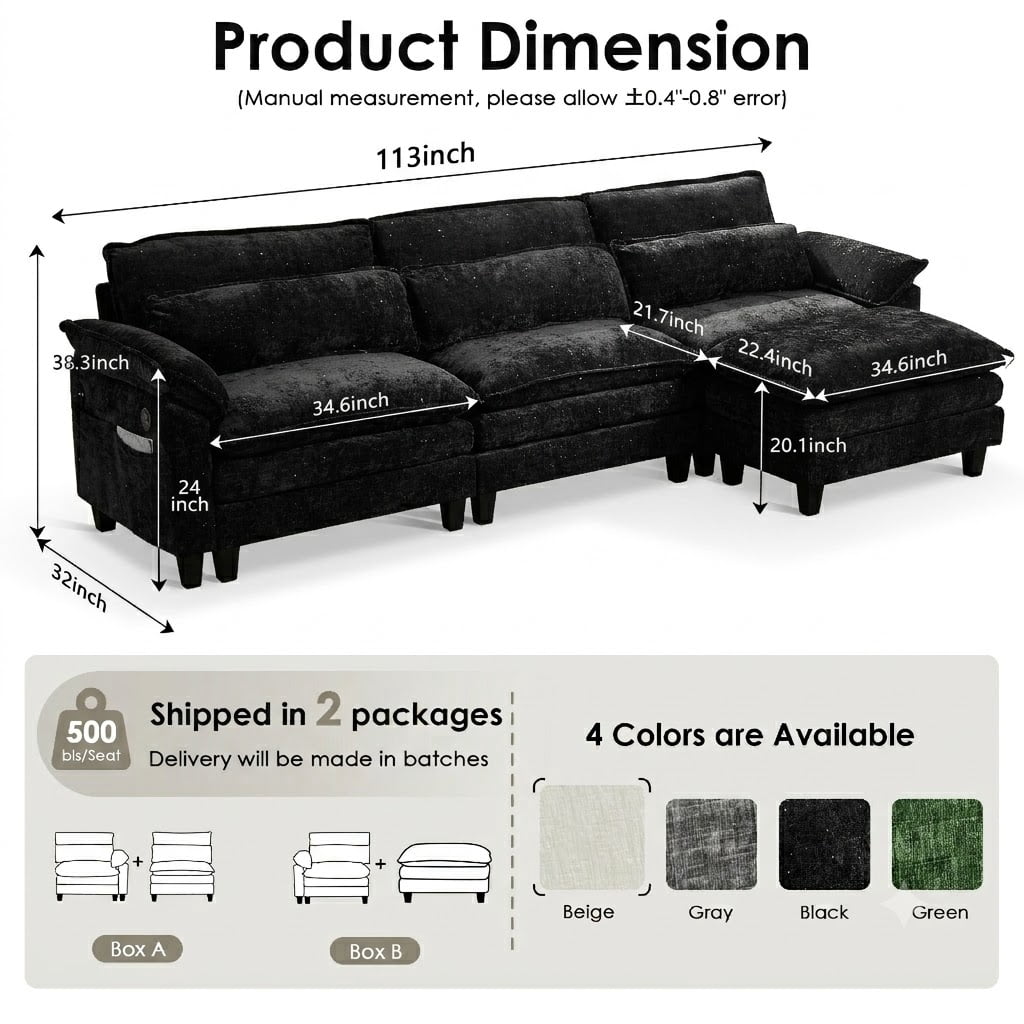 Avobird Cloud Couch Modular Sectional Sofa for Living Room, 113" L Shaped Convertible Couch Chenille Thick Cushion with Ottoman and USB Charging, Dual Cushions, Starry Black