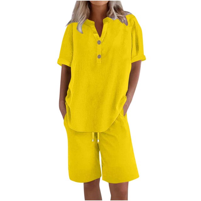 Enjoytime Lounge Sets for Women Short Sleeve Button Down Blouse and Matching Shorts Plus Size Summer Outfits with Pockets