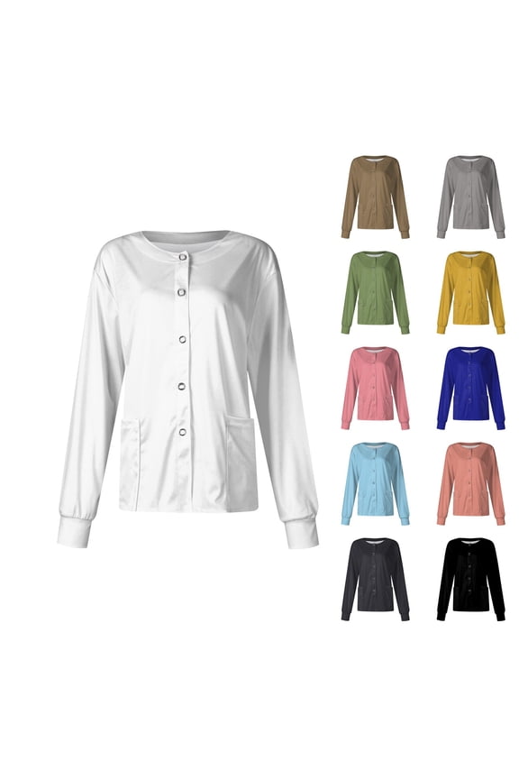 Soft Stretch Nurse WarmUp Jacket Long Sleeve ButtonUp Medical Workwear for Hospital Salon Black S