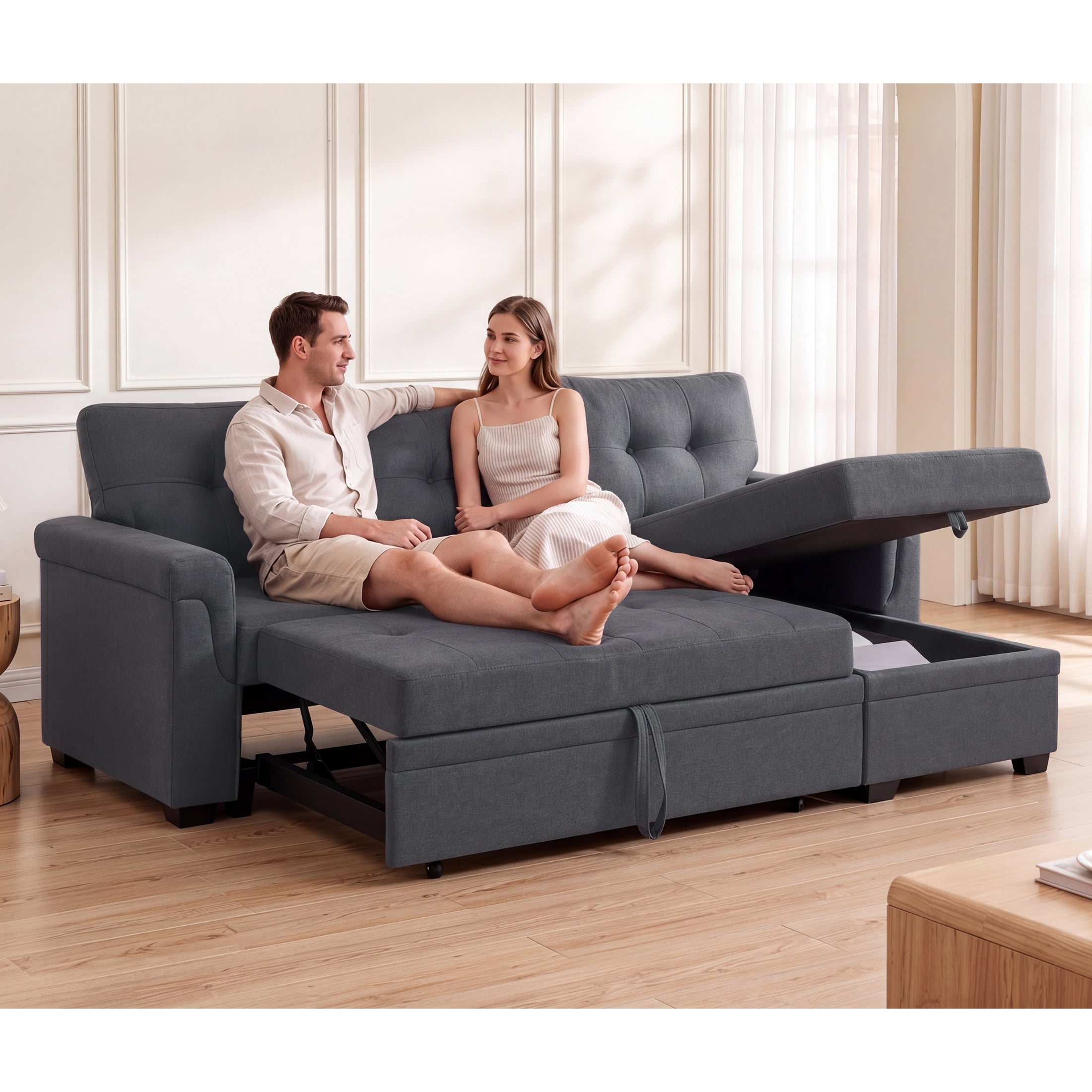 Aenkyo Linen Fabric Reversible Sleeper Sectional Sofa Bed with Storage Chaise, Gray