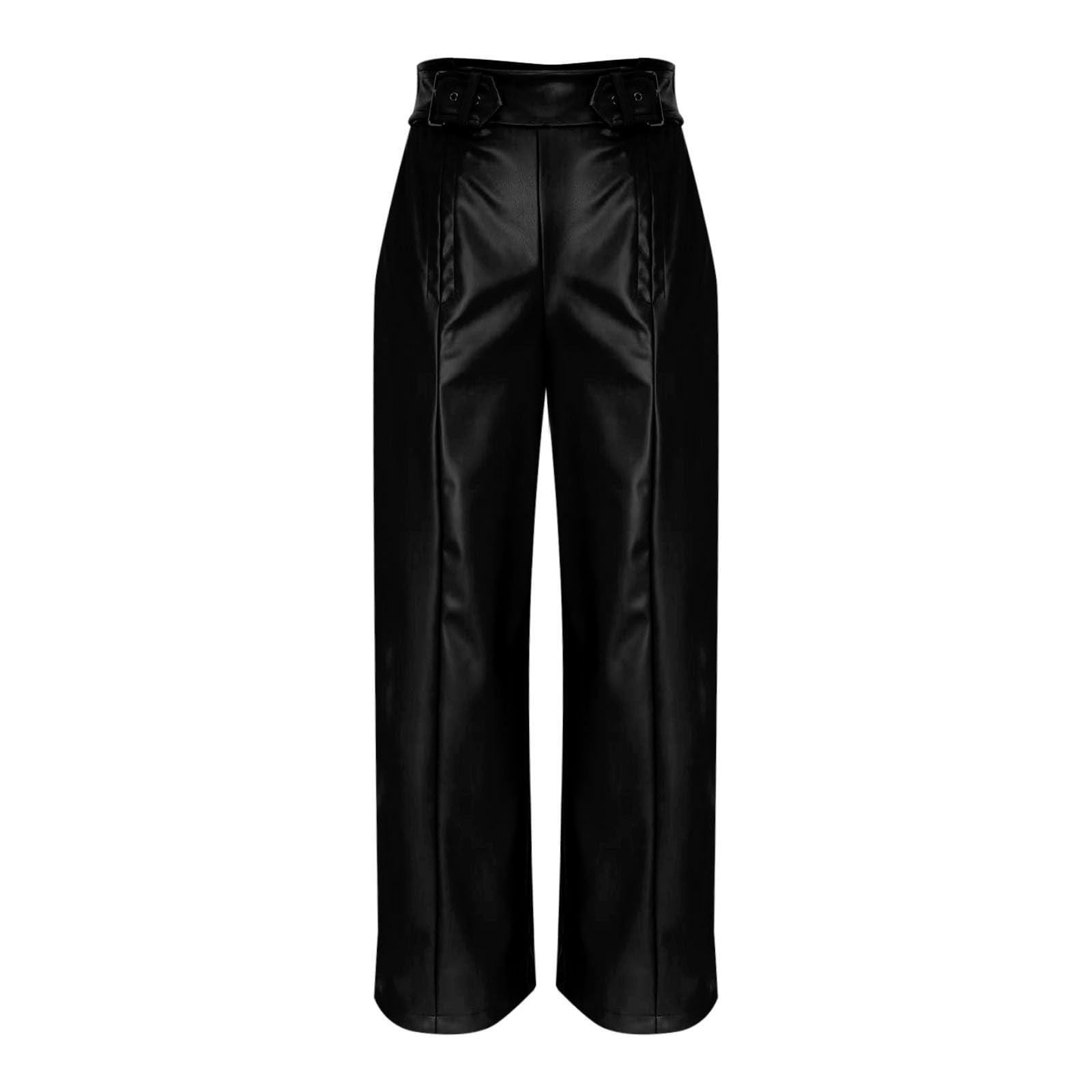Women's Faux Leather Pants Casual Fashion Wide Leg High Waist Pants with Pockets