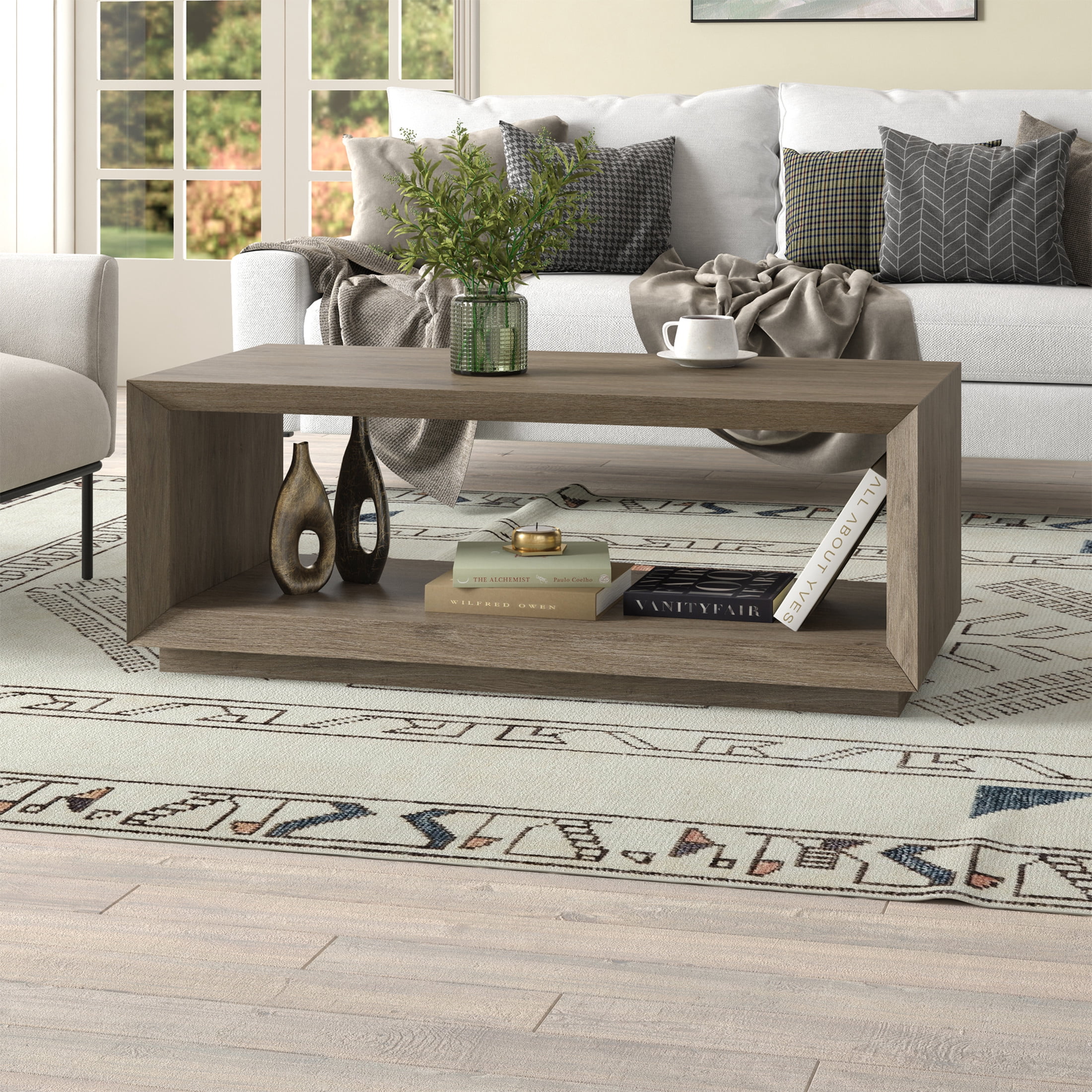 Evelyn&Zoe Tannen 48" Wide Rectangular Coffee Table, Antiqued Gray Oak