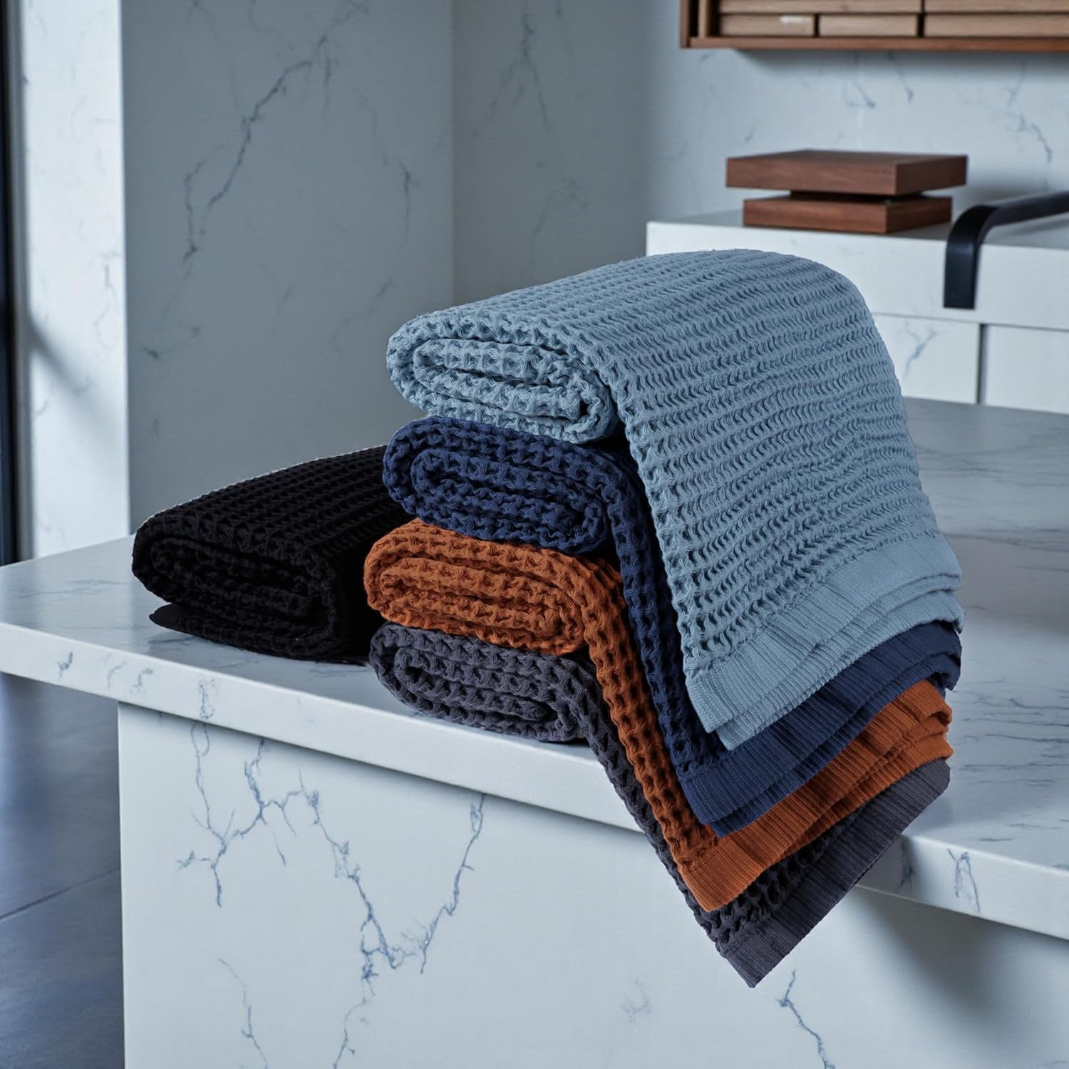 DEMMEX Organic Cotton Waffle Weave Turkish Towel Set for Bathroom, 100% OEKO-TEX Certified Super Soft Turkish Cotton, Lightweight & Quick Dry, 1 Bath & 2 Large Hand Towels, 30x60/20x30 in, Slate Blue