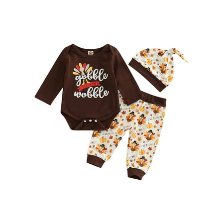 

Newborns Baby Boys Girls Thanksgiving Outfit Long Sleeve Romper Jumpsuit Turkey Print Pants and Hat Clothes Sets