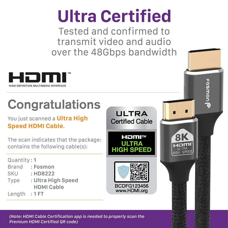 Fosmon HDMI 2.1 Cable 8K@60Hz 1ft, Premium Certified in-Wall CL3 Rated,  48Gbps Ultra High Speed, 4K@120Hz, Dynamic HDR, HDCP 2.3, 3D, eARC, 30AWG