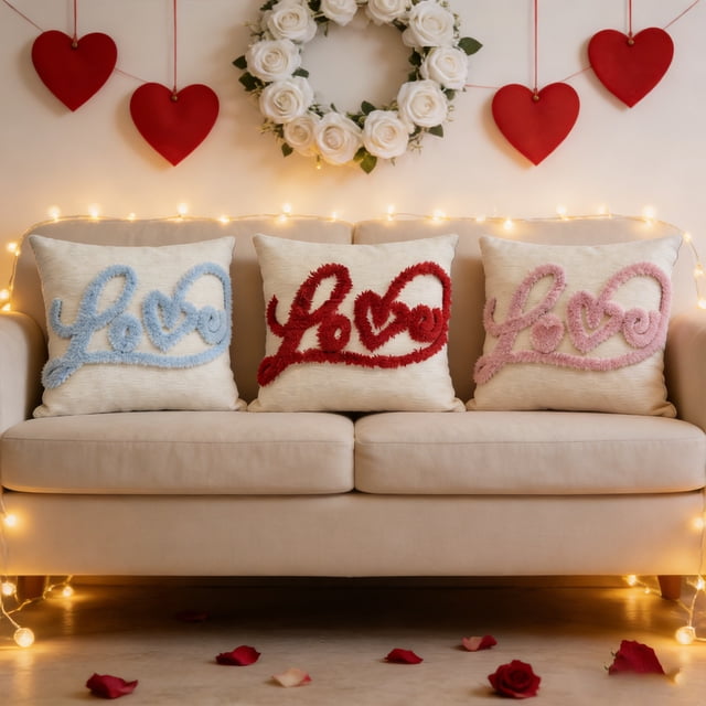 Funda de almohada bordada en corazón de San Valentín - Funda decorativa de 18x18 pulgadas para sofá, sofá y decoración navideña