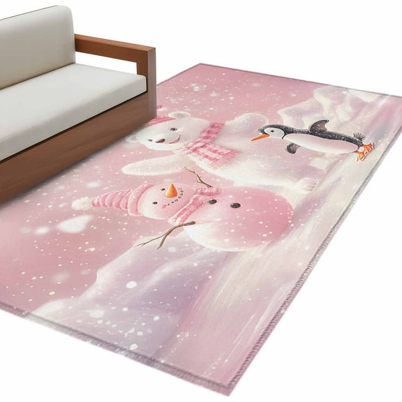 Christmas Pink Area Rug 3x5 FT, Non Slip Entryway Bedside Carpet, Bear Snowman Cute Animal Ombre Washable Soft Floor Carpet Indoor Mat Non-Shedding Throw Rug for Dorm Kitchen Home Office