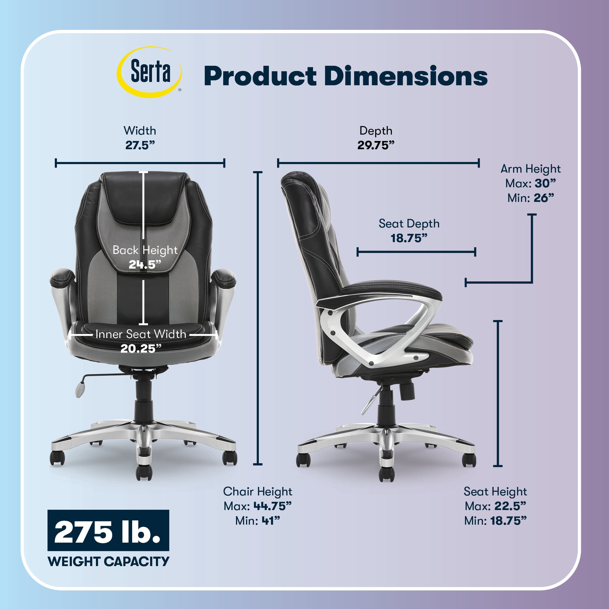 Serta Amplify Executive Office Chair with Faux Leather and Mesh, Adjustable Ergonomic Comfy Seat with Lumbar Support, Modern Computer Desk Chairs, Swivel Rolling Wheels Gray