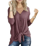 Women's Waffle Knit Tunic Blouse Tie Knot Henley Top