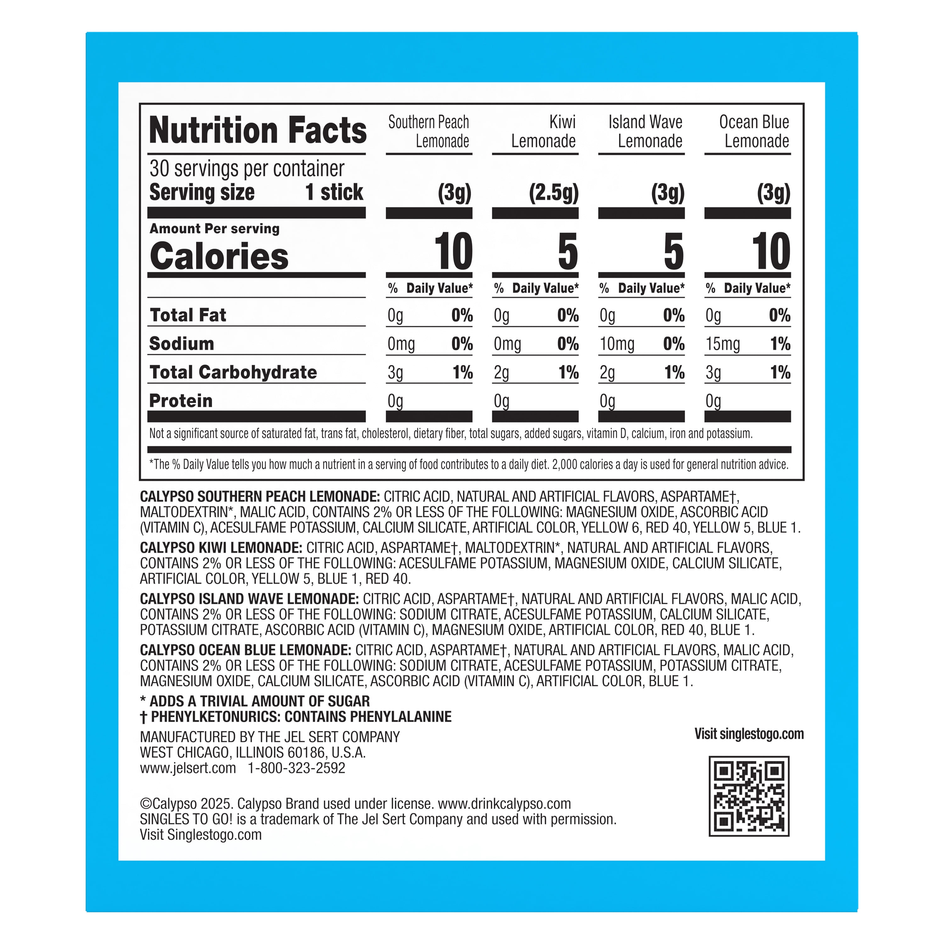 Calypso Lemonade Singles to Go Powdered Drink Mix Variety Pack, 30 Count Packets