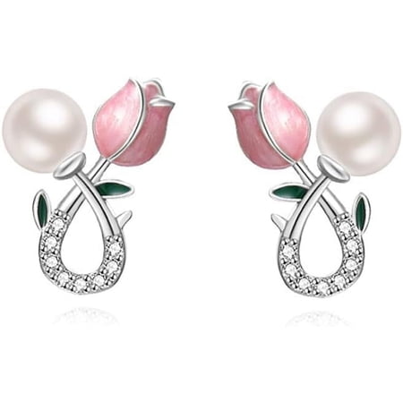 Leander 925 Sterling Silver Pink Flower Stud Earrings for Women, Pearl CZ Spring Floral Earrings Hypoallergenic Elegant Jewelry Gift