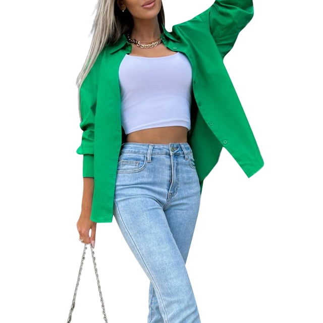 VISgogo Mujer Primavera Otoño Camisa Casual Color Sólido Manga Larga Solapa Botón Abajo Blusa VISgogo moda