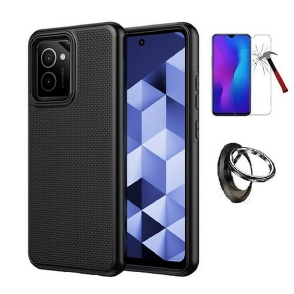 Phone Case for HMD Vibe (Straight Talk/ TracFone),  Dual Layer Cover Case   Ring/ Tempered Glass (Black)