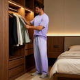 thumbnail image 5 of Dwelliawo Men Oversize Tall Pajama Set Soft Modal Crewneck Short Sleeve Sleepwear 2 Piece Loungewear Outfit T-Shirt And Long Pants With Pockets For Lounging At Home Purple S, 5 of 9