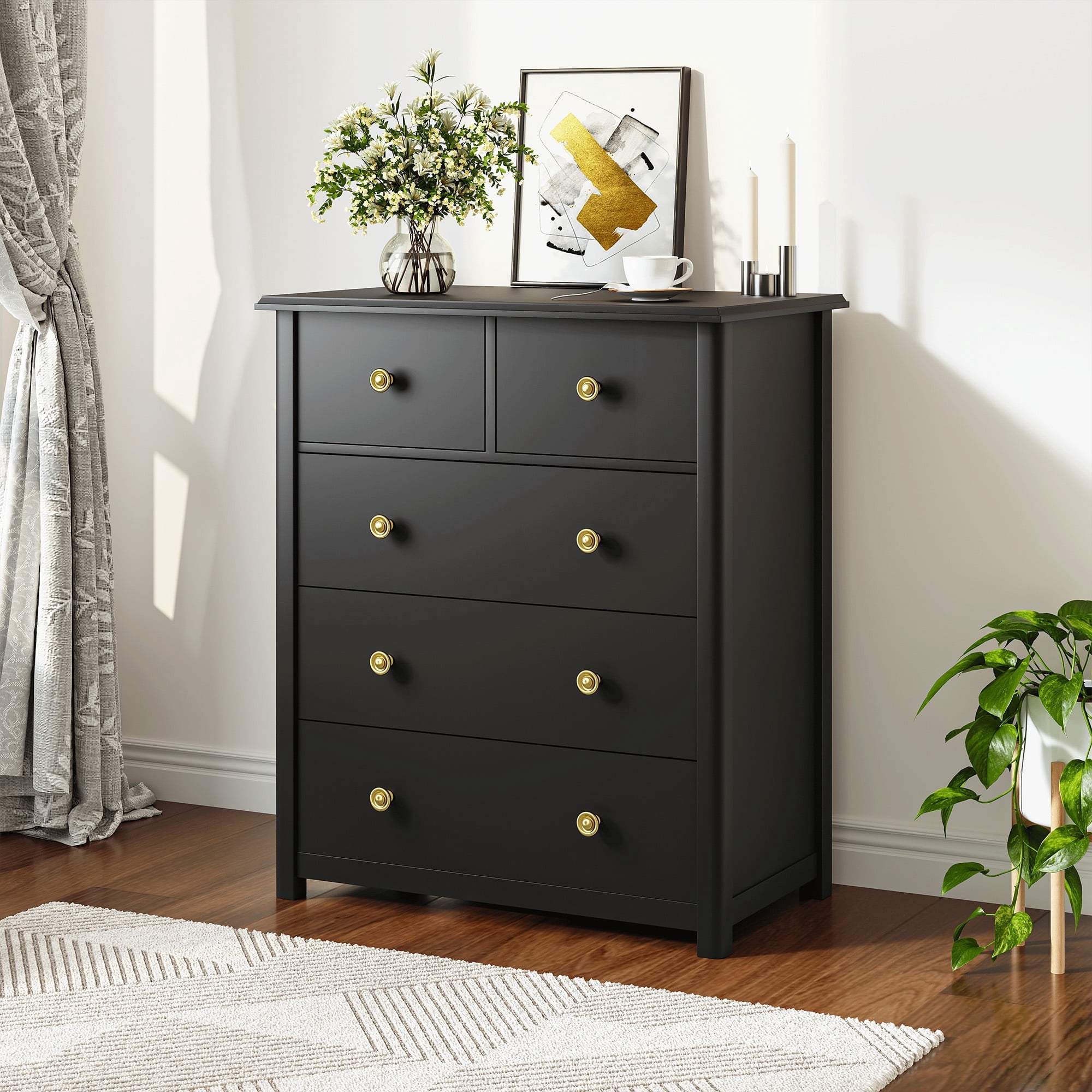 5-Drawer Wood Dresser for Bedroom,Tall Chest of Drawers Storage Cabinet for Living Room,Hallway, Office,Black