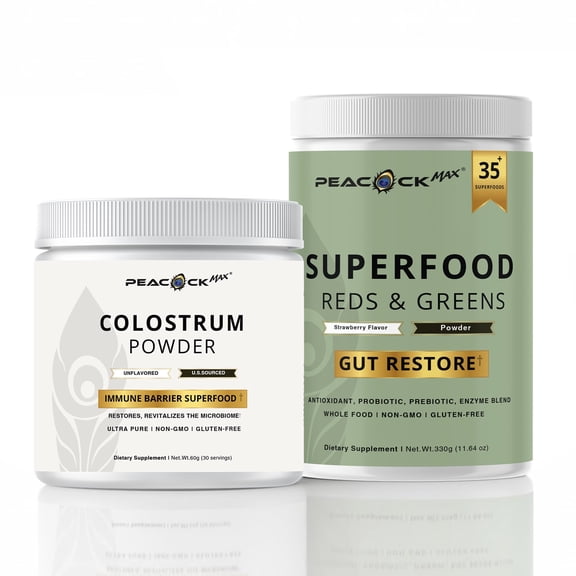 Superfood Reds & Greens 11.64 oz & Colostrum Powder 60g - Daily Superfood Drink Mix with Prebiotics, Probiotics & Enzymes, Nutrient Rich Blend for Gut Balance & Overall Wellness