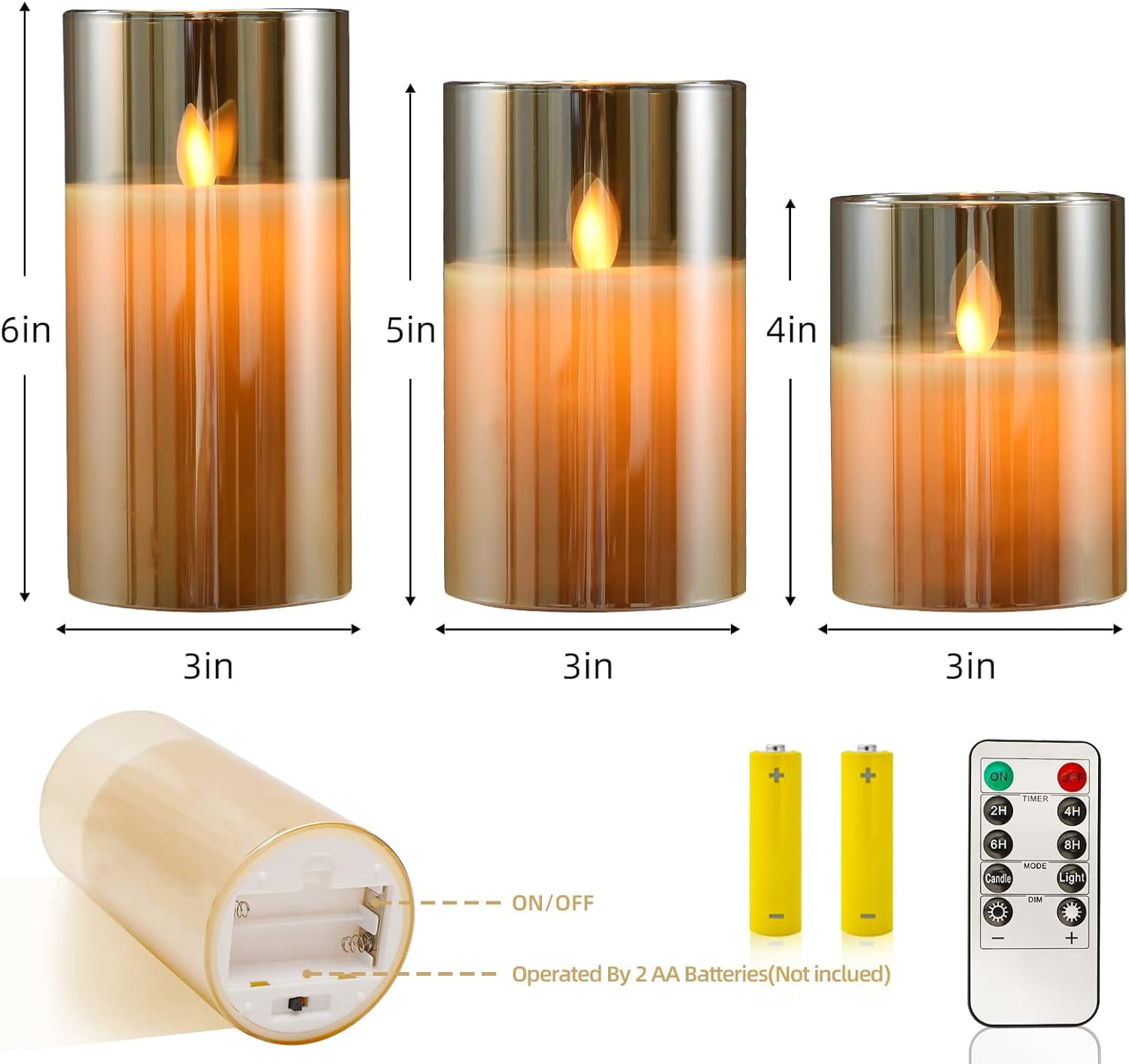 Cimetech Flickering Flameless Candles Set of 3, 3D Wick Acrylic Electric Fake Candles,Easter Decor, Battery Operated with Remote and Timer-Gold 4''x5''x6''