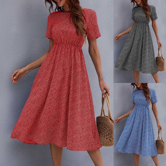 Aboser Womens Summer Chiffon Dresses Vintage Floral Printed Dress Flowy A Line Beach Dresses Casual Short Sleeve Sundress Lightweight Crewneck Dress
