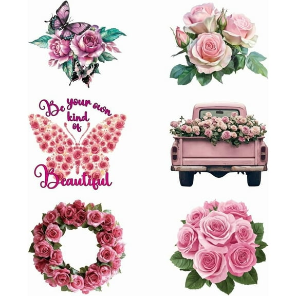 6 Pcs Flowers Theme Heat Transfer Film Logo Stickers Set 6 Styles Pink Roses Butterfly Truck Heat Transfer Stickers Iron on Decals for T-Shirts Patches Bags Hats DIY Crafts