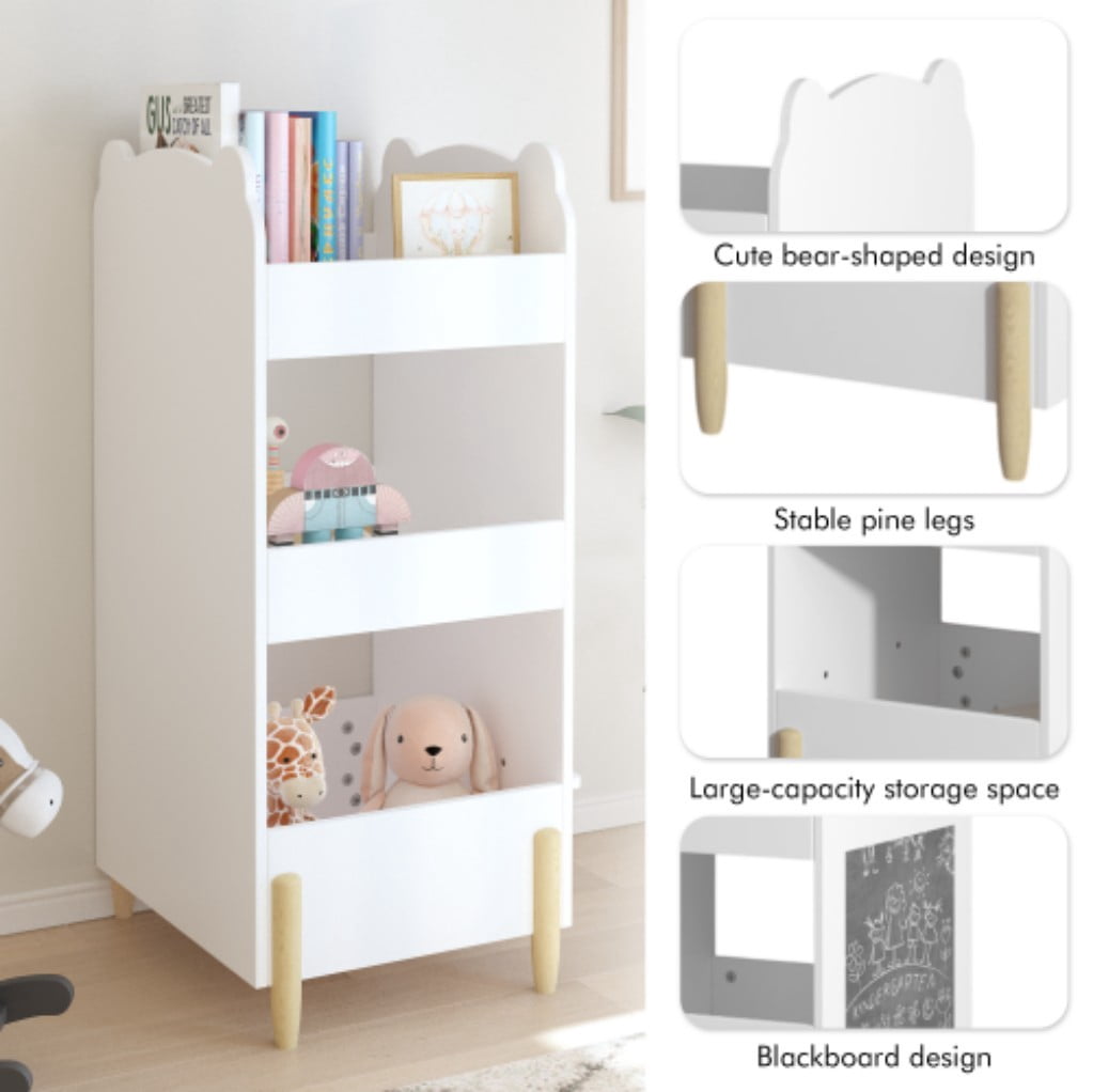 Kids Bookshelf with Chalkboard Side, Bear-Shaped Wooden Bookcase with 3-Tier Open Storage, Drawing Board & Toy Organizer for Toddler Bedroom, White