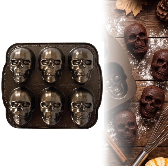 Halloween Skull Baking Pan 6 Cavities 3D Skull Baking Mold for Pizza Metal Cake Mold Bakeware for Halloween Ice Cupcake Chocolate Pizza Jelly Candy Pudding
