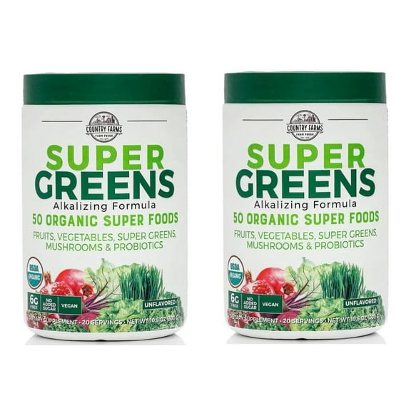 Country Farms Super Greens Natural Flavor, 50 Organic Super Foods, USDA Organic Drink Mix, Mushrooms & Probiotics, Supports Energy, 20 Servings, 10.6 Oz, 2 Packs